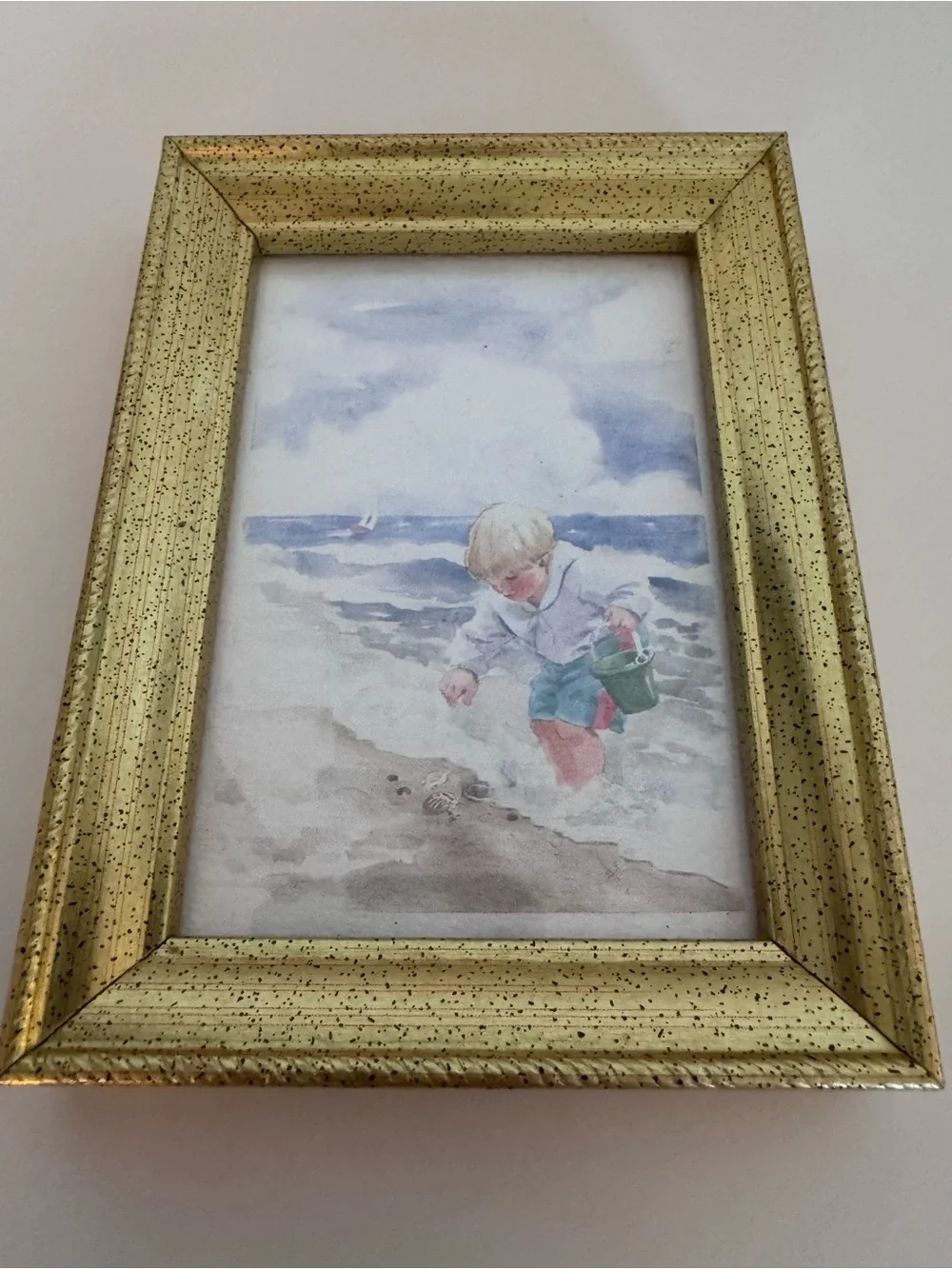 Vintage Miniature Watercolor Beach Boy Gold Frame Grandmillennial Coastal Art